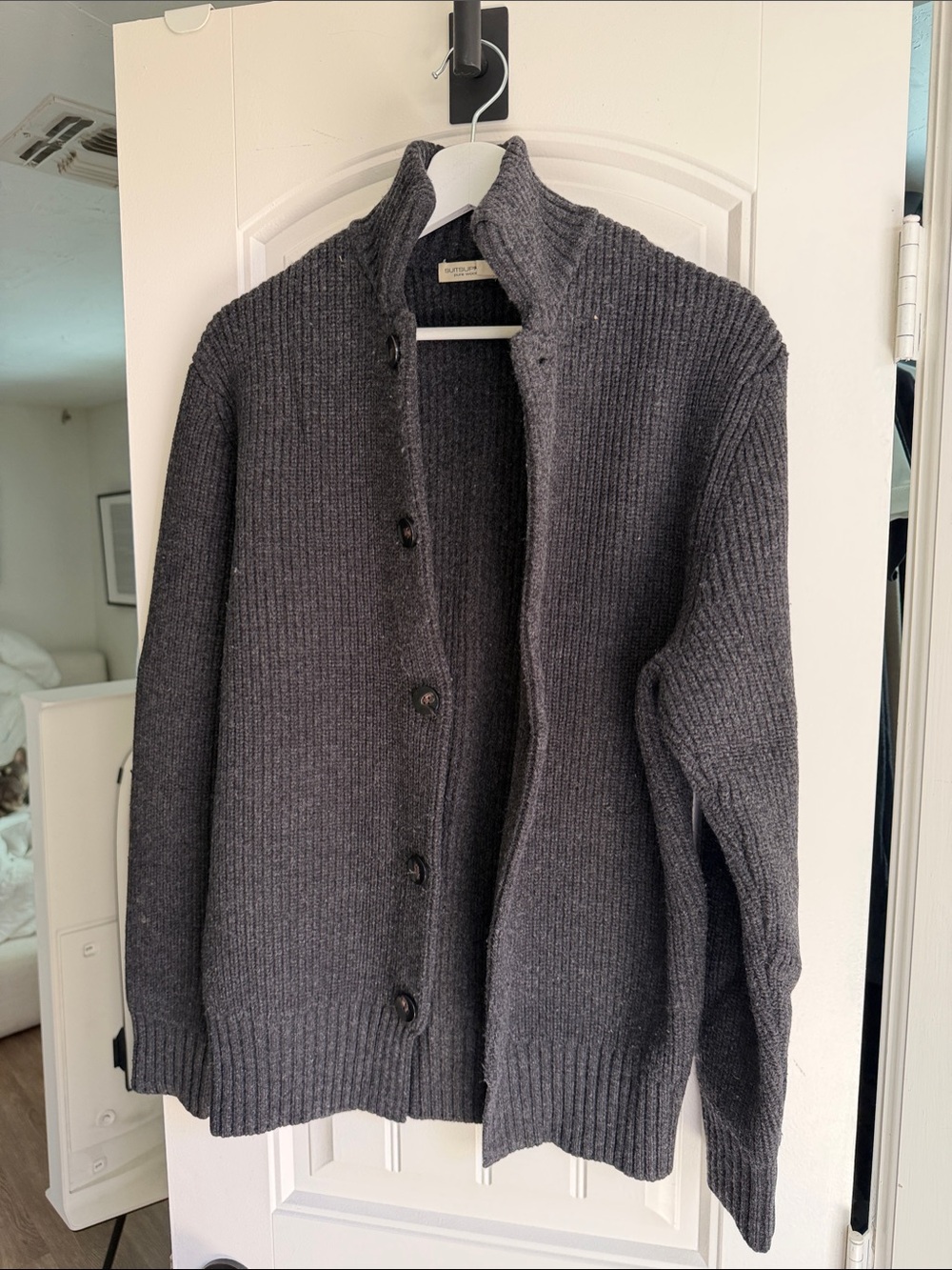 Suitsupply 100% wool Charcoal Gray Ribbed Button-Up Sweater